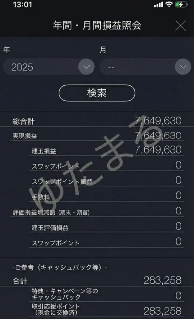 DMM FX 年間損益報告書 2025年 利益764万円の実績証拠