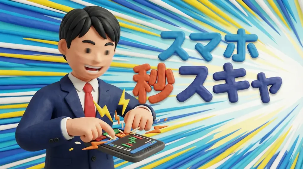 スマホでトレードをしているFXトレーダーのイラストに「スマホ秒スキャ」の文字