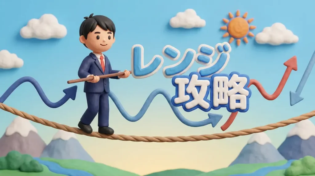 綱渡りをしているFXトレーダーに「レンジ攻略」と書かれたイラスト