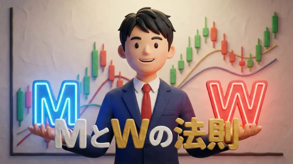 MとWを両手に持っているFXトレーダーのイラスト