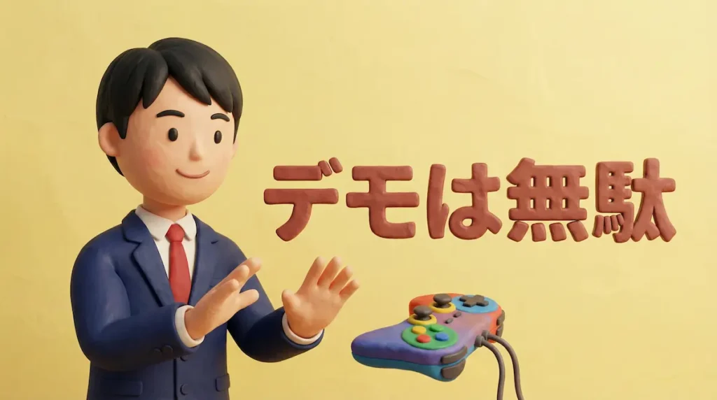 ゲームのコントローラーを両手で拒否しているFXトレーダーのイラストに「デモは無駄」の文字