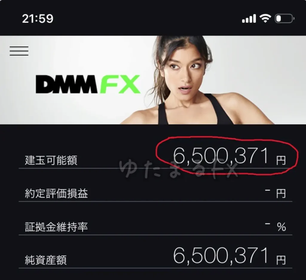 DMM FXの口座に650万円の資産額が入っているアプリのスクショ