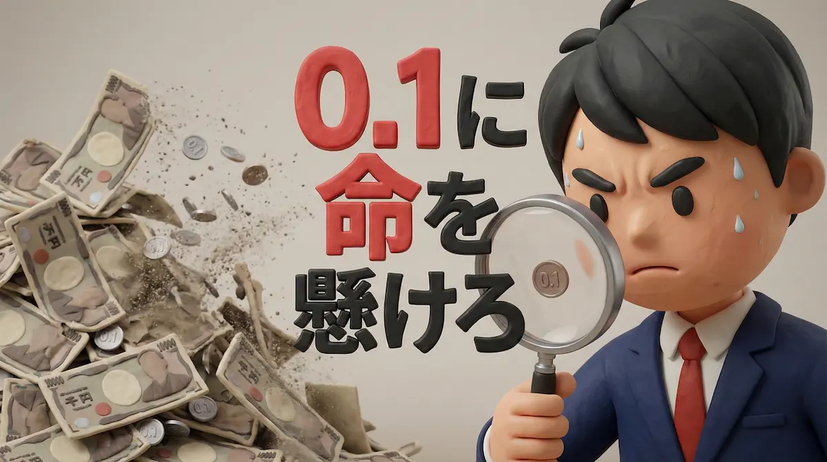 虫眼鏡を見つめるトレーダーと背景にお金のイラストに「0.1に命を懸けろ」の文字