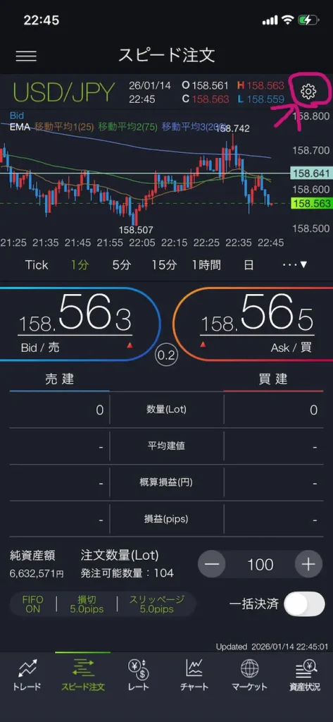 DMM FX スピード注文画面