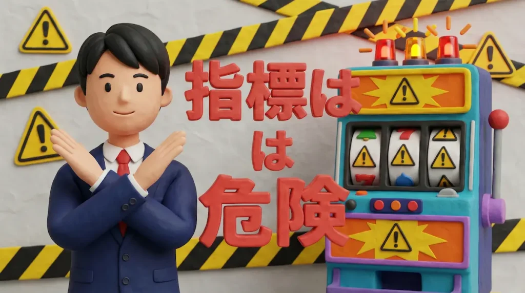 スロット台と警告マークと手で×マークを作る男性トレーダーのイラストに「指標は危険」の文字
