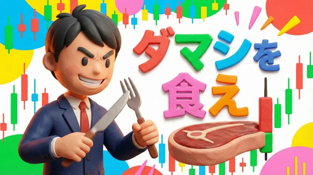 FXのブレイクアウトのダマシを逆張りで取る手法のイメージイラスト。「ダマシを食え」の文字