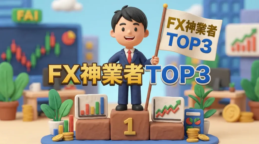 表彰台に乗って神業者TOP3と書かれた旗を持っているFXトレーダーのイラスト