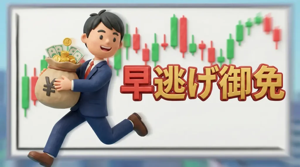 ローソク足の背景にお金の入った袋を持って走る男性のイラストに「早逃げ御免」の文字