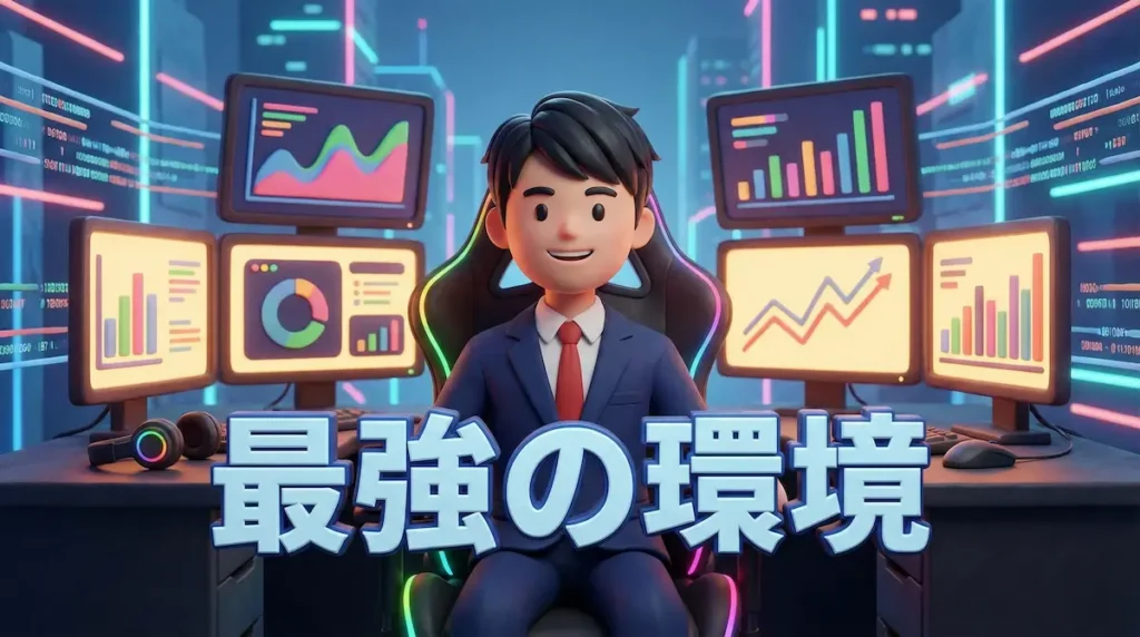 沢山のモニターの前に座るFXトレーダーのイラストに「最強の環境」の文字