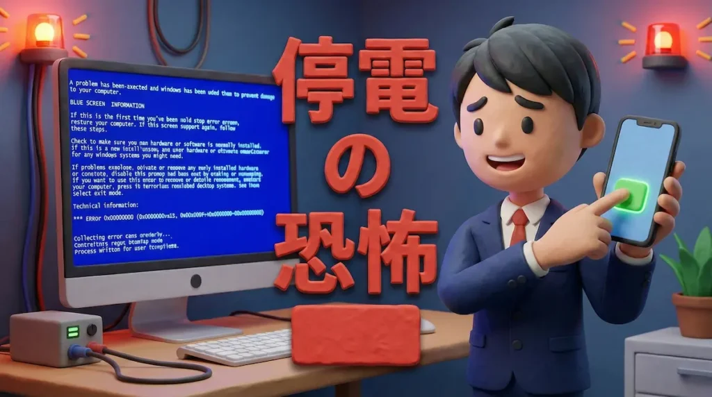 PCにエラーのブルー画面が出て、困った顔でスマホをタップしているイラスト画像に「停電の恐怖」の文字