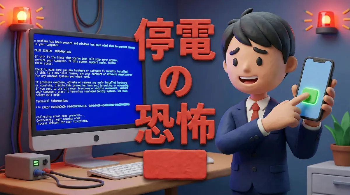 PCにエラーのブルー画面が出て、困った顔でスマホをタップしているイラスト画像に「停電の恐怖」の文字