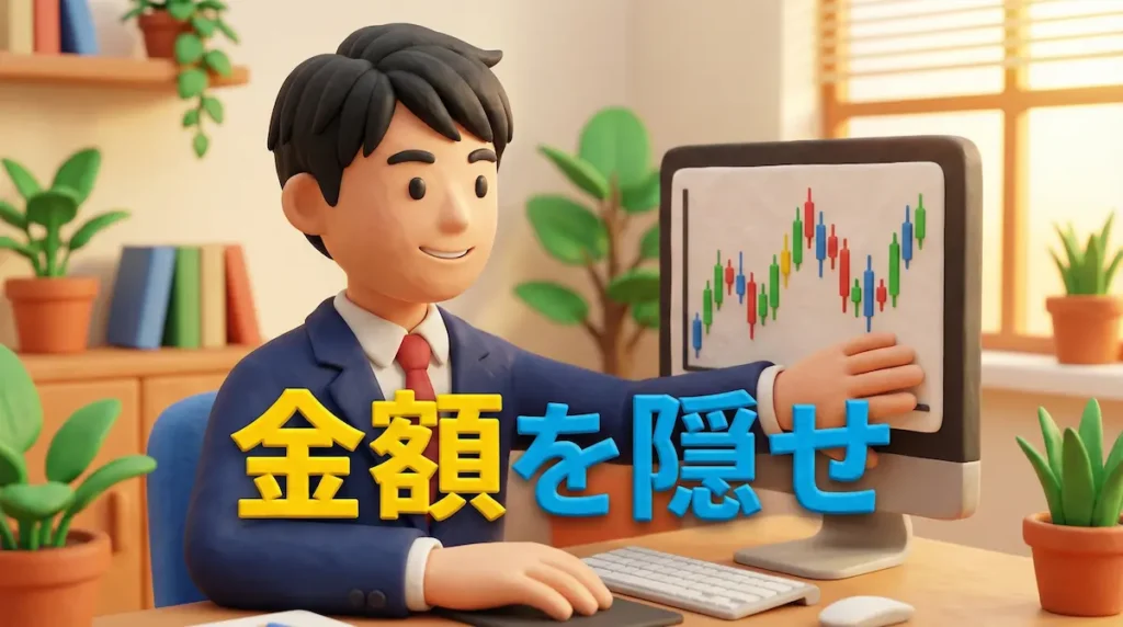 PC画面の損益金額を手やテープで隠してチャートに集中するFXトレーダーのイラスト