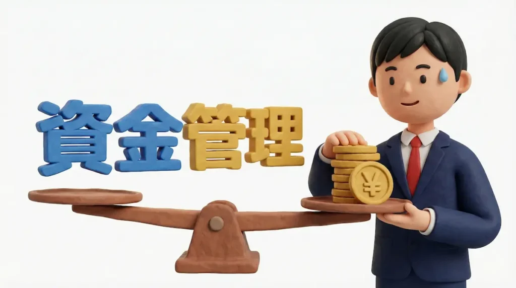 FXトレーダーが計りにお金を乗せている資金管理のイメージのイラストに「資金管理」の文字