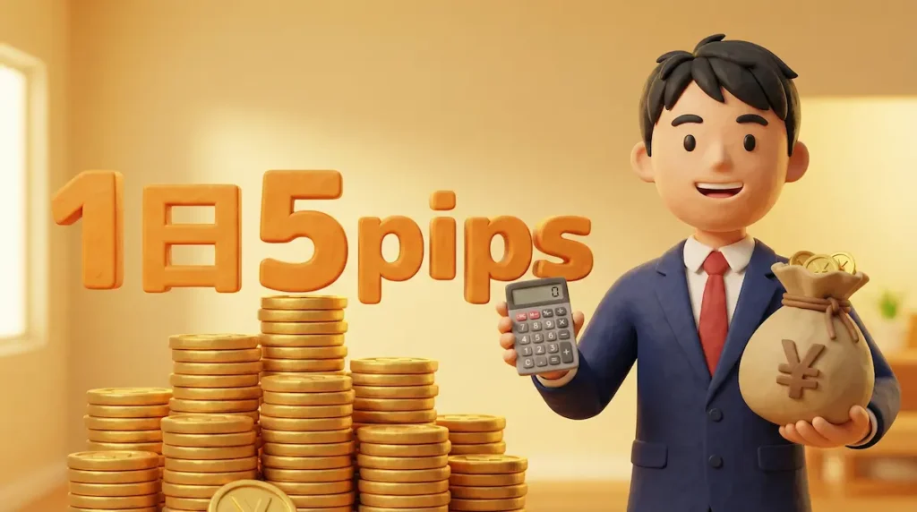 スマホとお金の袋を持っている男性トレーダーと背景に積み上げられたお金のイラストに「1日5pips」の文字