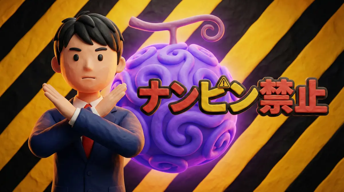 手で×サインをしているトレーダーと背景に悪魔の果実のイラストに「ナンピン禁止」の文字