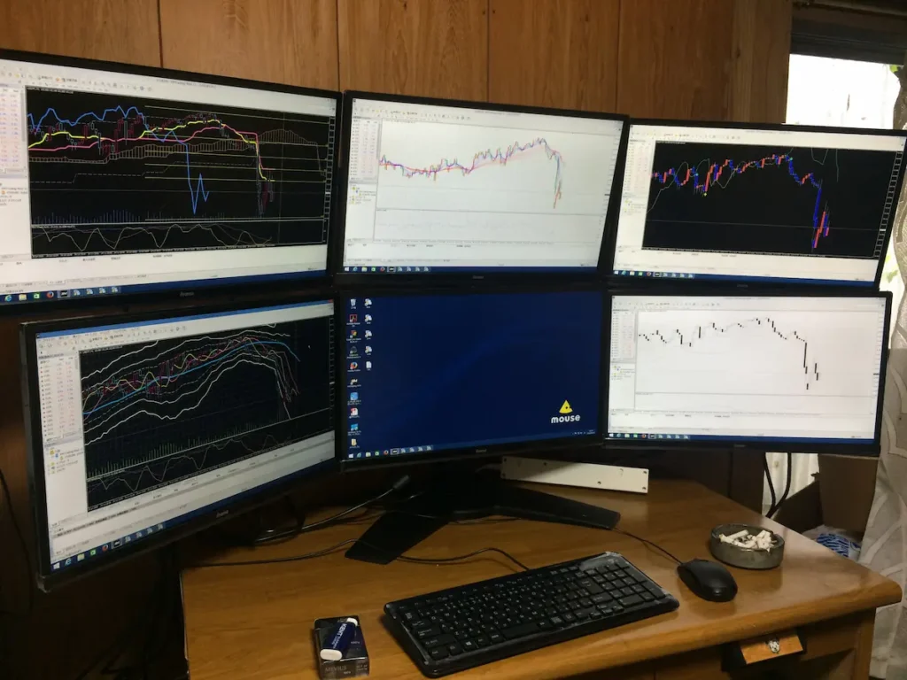 6画面モニターに与沢スペシャル、与沢ボリンジャーバンドなどの意味のないインジケーターが表示されている