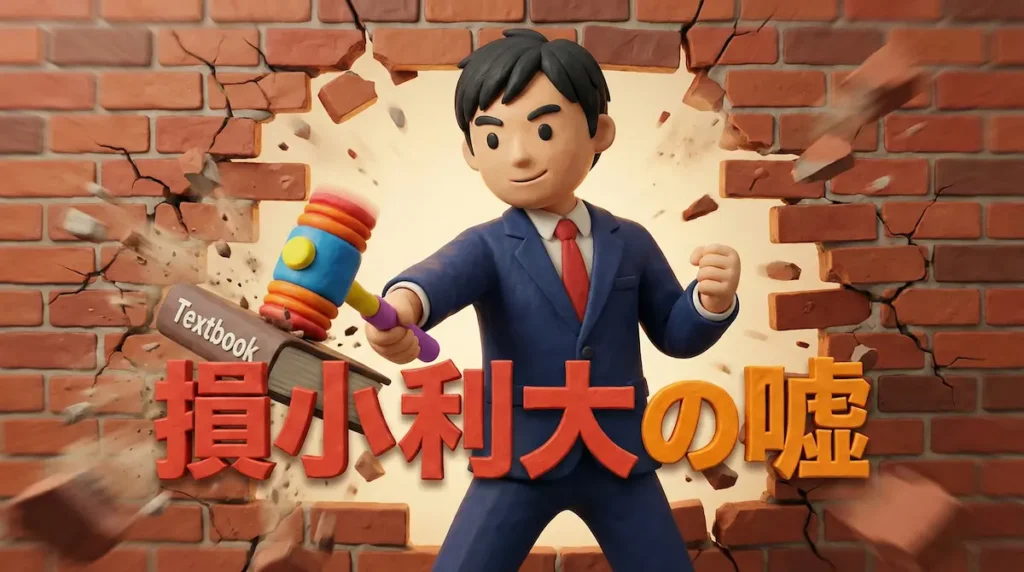 壁をハンマーで壊して出て来た男性トレーダーのイラストに「損小利大の嘘」の文字