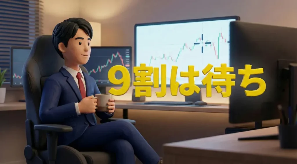 パソコンのモニター画面に映るチャートを見つめているトレーダーのイラストに「9割は待ち」の文字