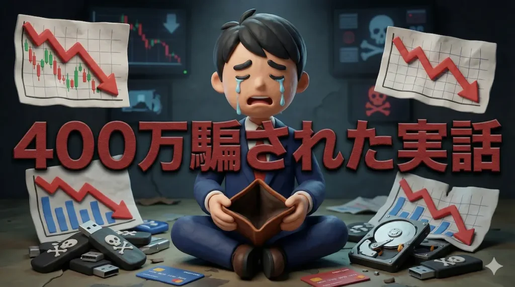 FXの商材詐欺の被害にあったトレーダーゆたまるのイラストに「400万だまされた実話」の文字