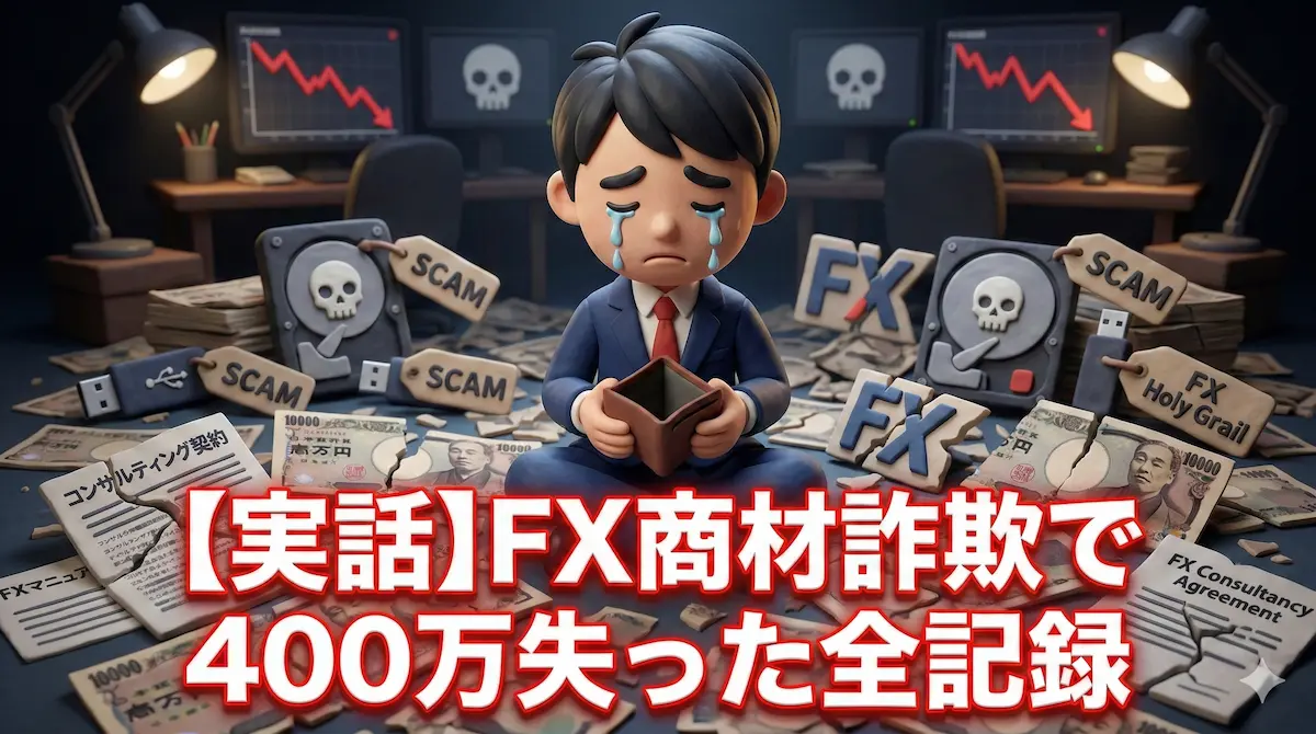 FXの商材詐欺の被害にあったトレーダーゆたまるのイラストに「FX商材詐欺で400万失った全記録」の文字