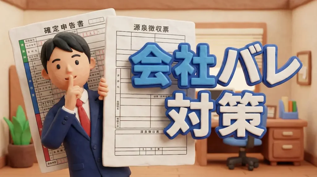 内緒のポーズをとるFXトレーダーのイラストに「会社バレ対策」の文字