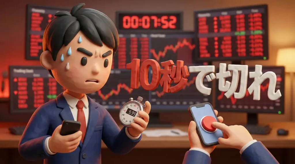 FXの時間損切りをイメージしたイラストに「10秒で切れ」の文字