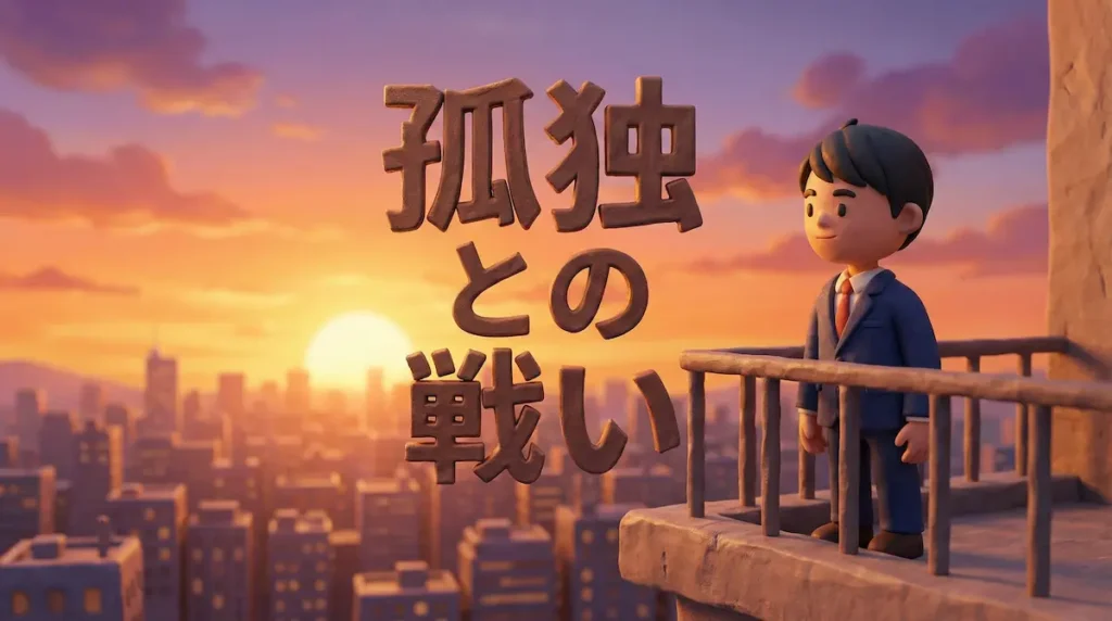 屋上で夕陽を寂しそうに見つめるトレーダーのイラストに「孤独との戦い」の文字