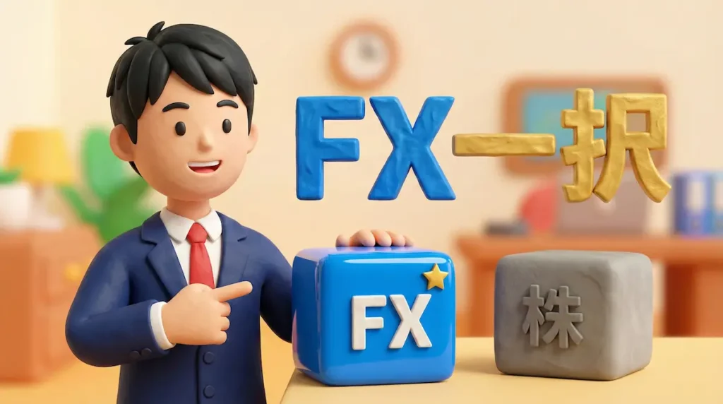 FXと書かれた置物を指さすトレーダー男性のイラストに「FX一択」の文字