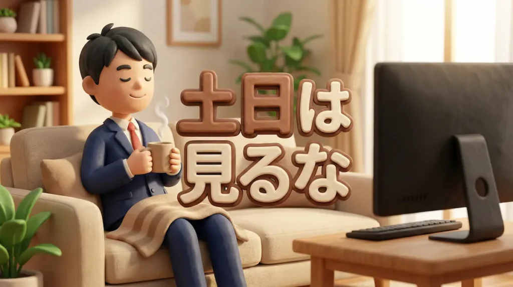 トレーダーが珈琲を飲みながらゆっくりと休日を過ごしているイラストに「土日は見るな」の文字