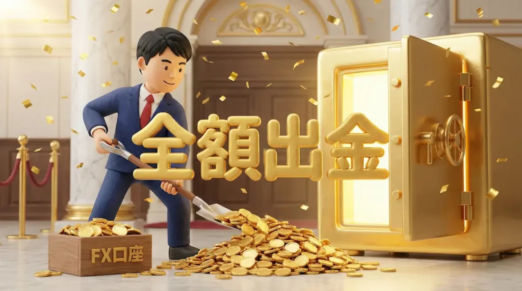 FX口座と書かれた箱からスコップで大量のお金を金庫に入れているトレーダーのイラストに「全額出金」の文字