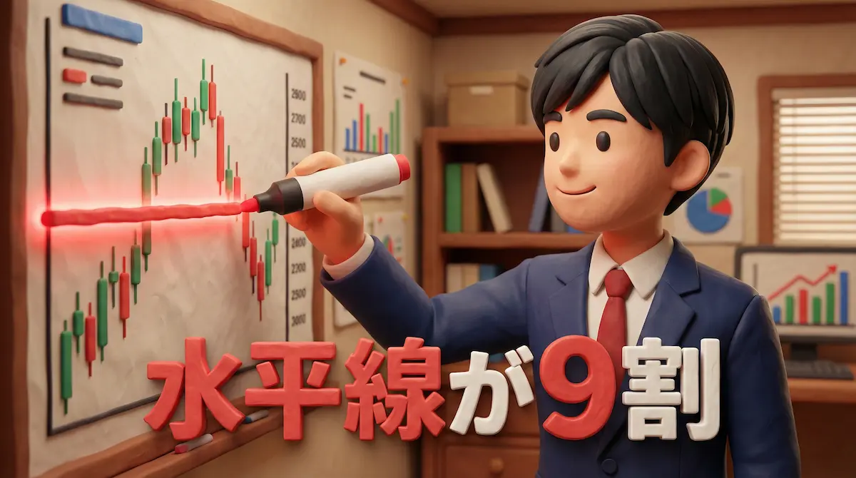 チャートに水平線を引いているFXトレーダーのイラストに「水平線が9割」の文字