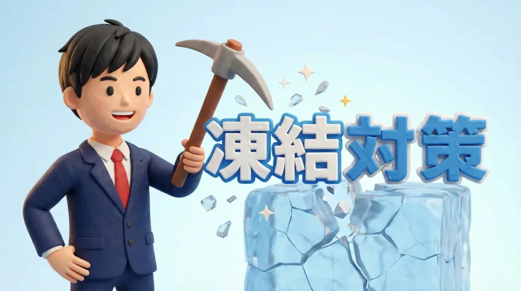 氷を割っているFXトレーダーのイラストに「凍結対策」の文字
