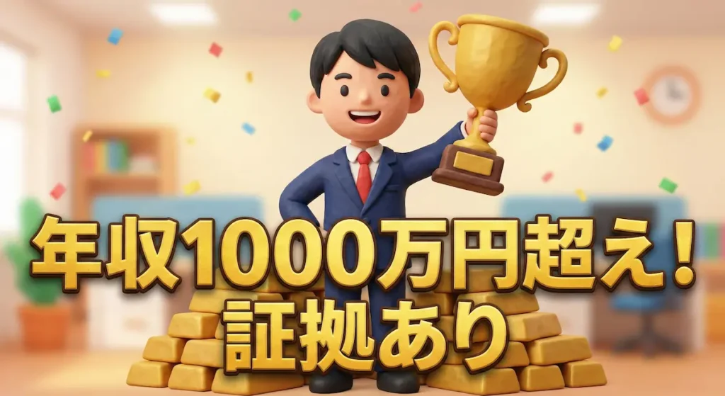 トロフィーを持っているFXトレーダーのイラストに「年収1000万円越え！証拠あり」の文字
