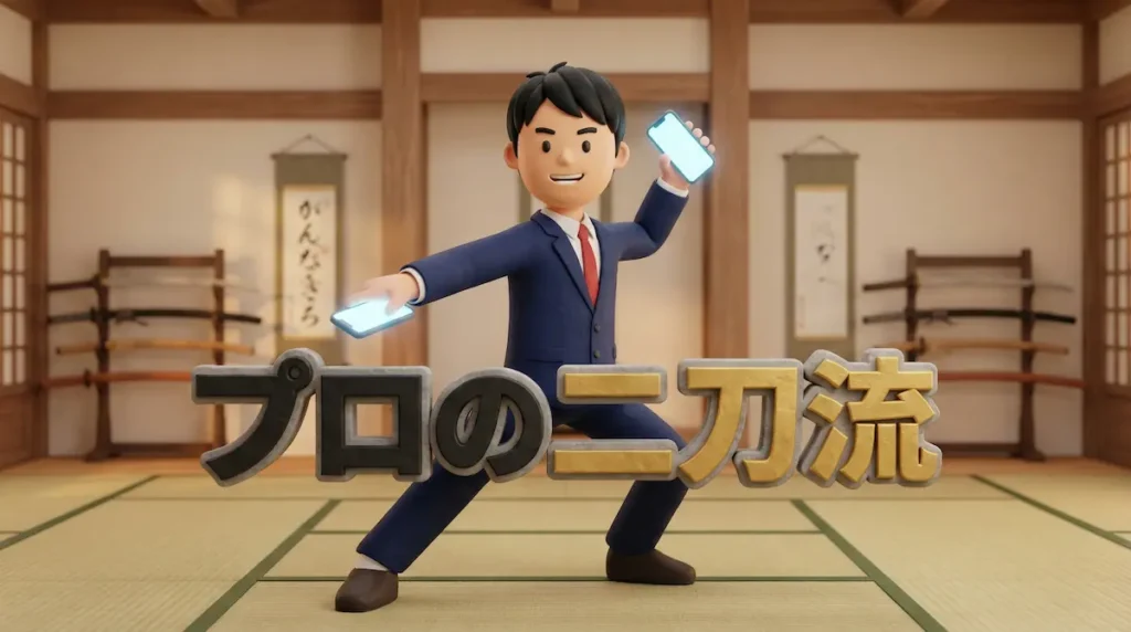 スマホを両手に二台持っているFXトレーダーのイラストに「プロの二刀流」の文字