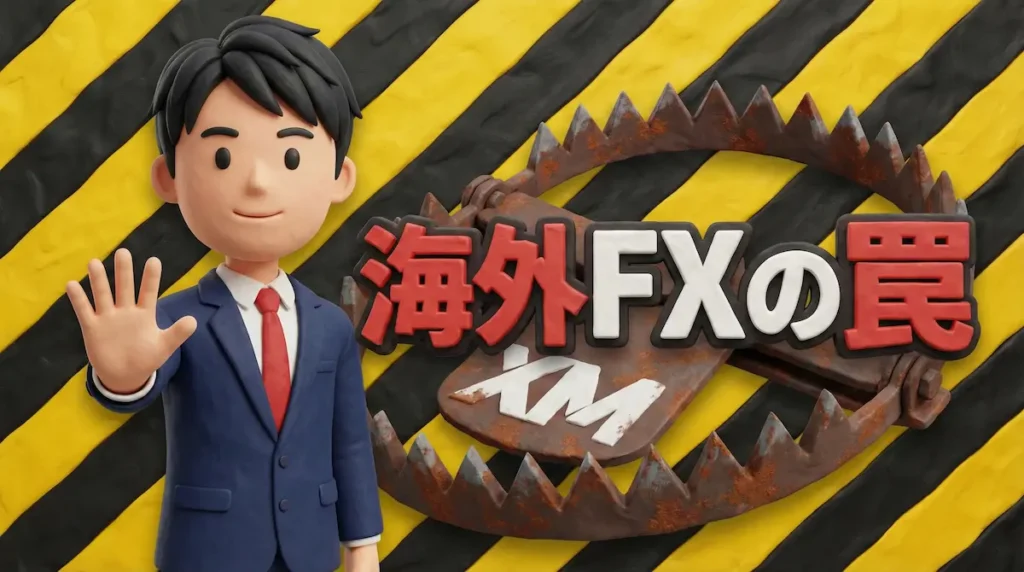 手でストップ表現しているFXトレーダーのイラストに「海外FXの罠」の文字