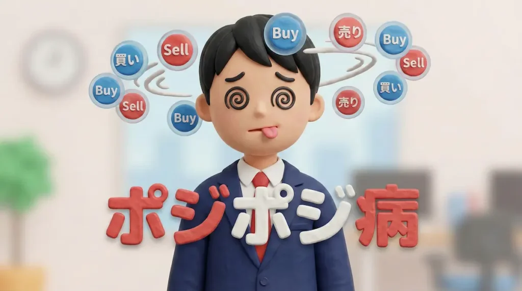 頭がクルクル状態のFXトレーダーのイラストに「ポジポジ病」の文字