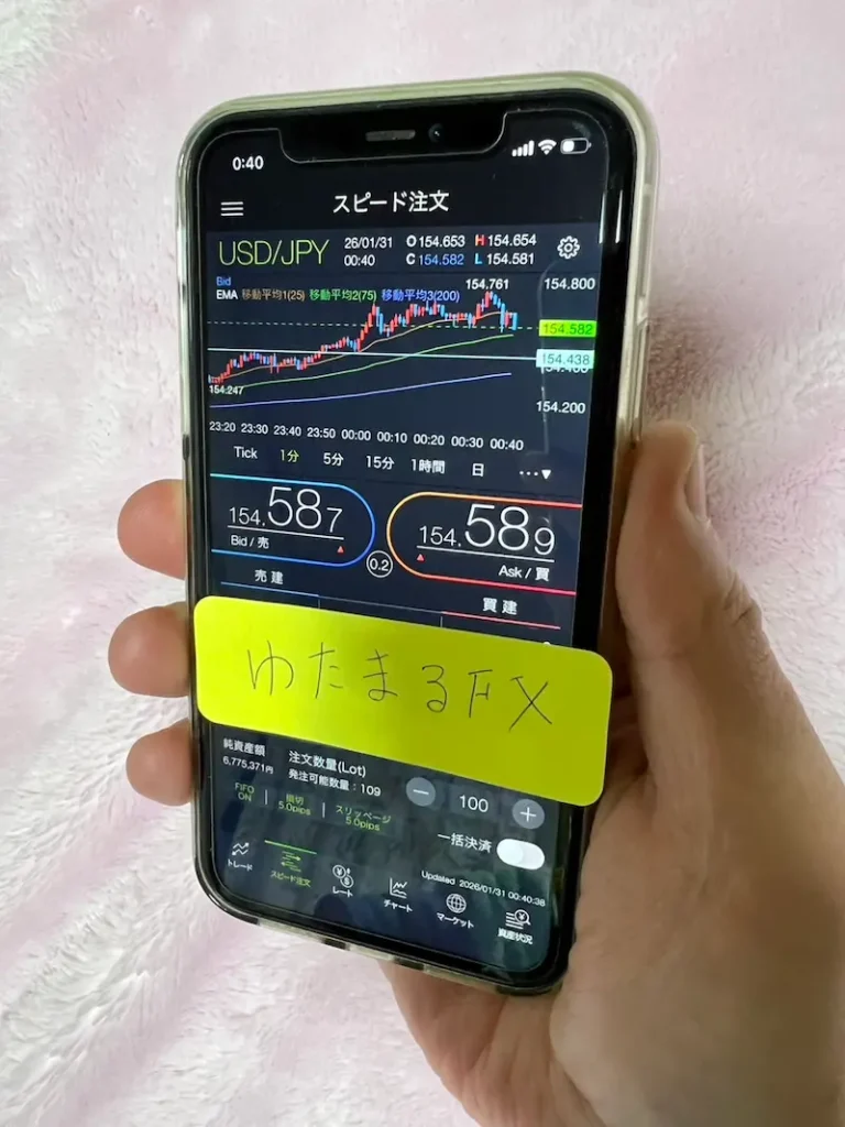 スマホのFXアプリ画面の損益表示部分に付箋を貼って隠している様子