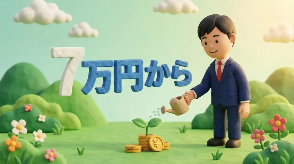 金の生る木の苗に水をかけているFXトレーダーのイラストに「7万円から」の文字