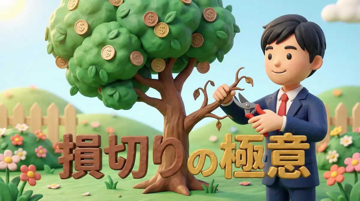 枯れた木の枝を切っているFXトレーダー。損切りをイメージしているイラストと「損切りの極意」の文字