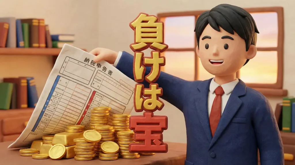 積み上げられたお金と確定申告書を手に持つ男性トレーダーのイラストに「負けは宝」の文字