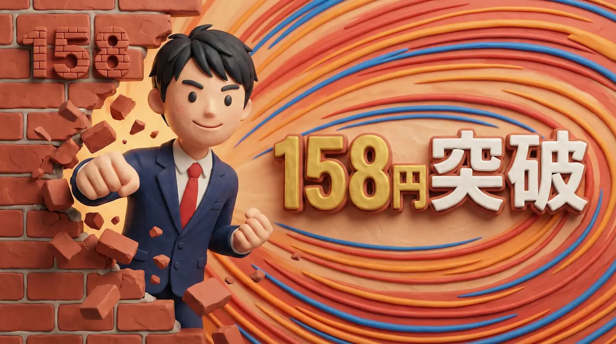 壁をぶち破るFXトレーダーのイラストに「158円突破」の文字