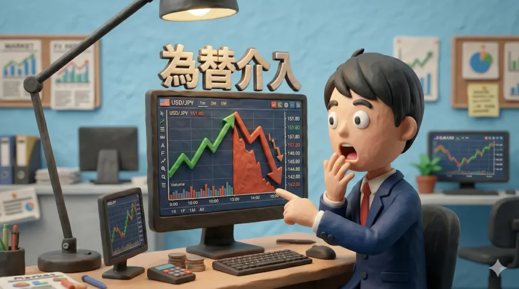 チャートが急落を見て驚いているFXトレーダーのイラストに「介入急落」の文字