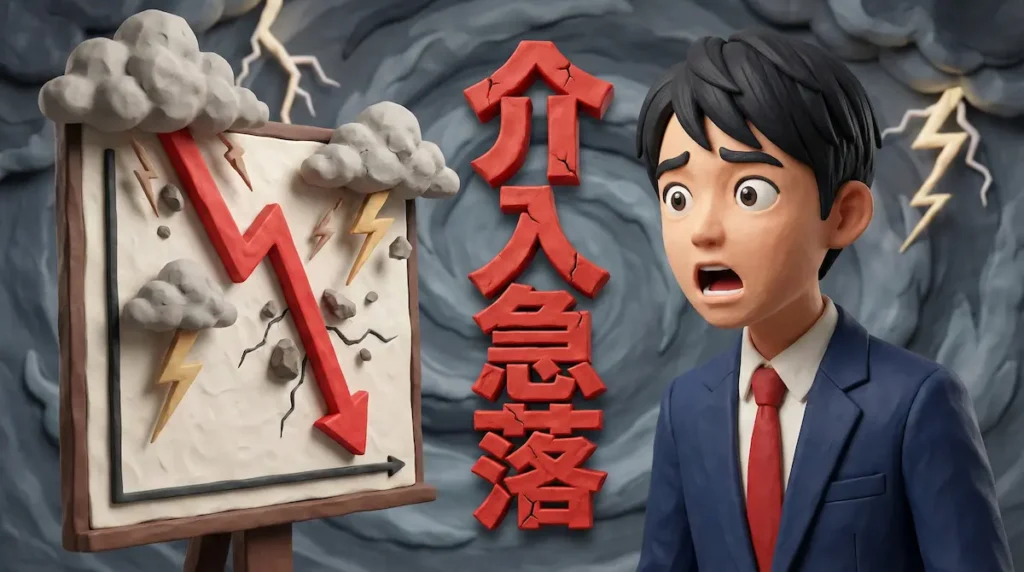 チャートが急落したイメージの矢印画像を見て驚いているFXトレーダーのイラストに「介入急落」の文字