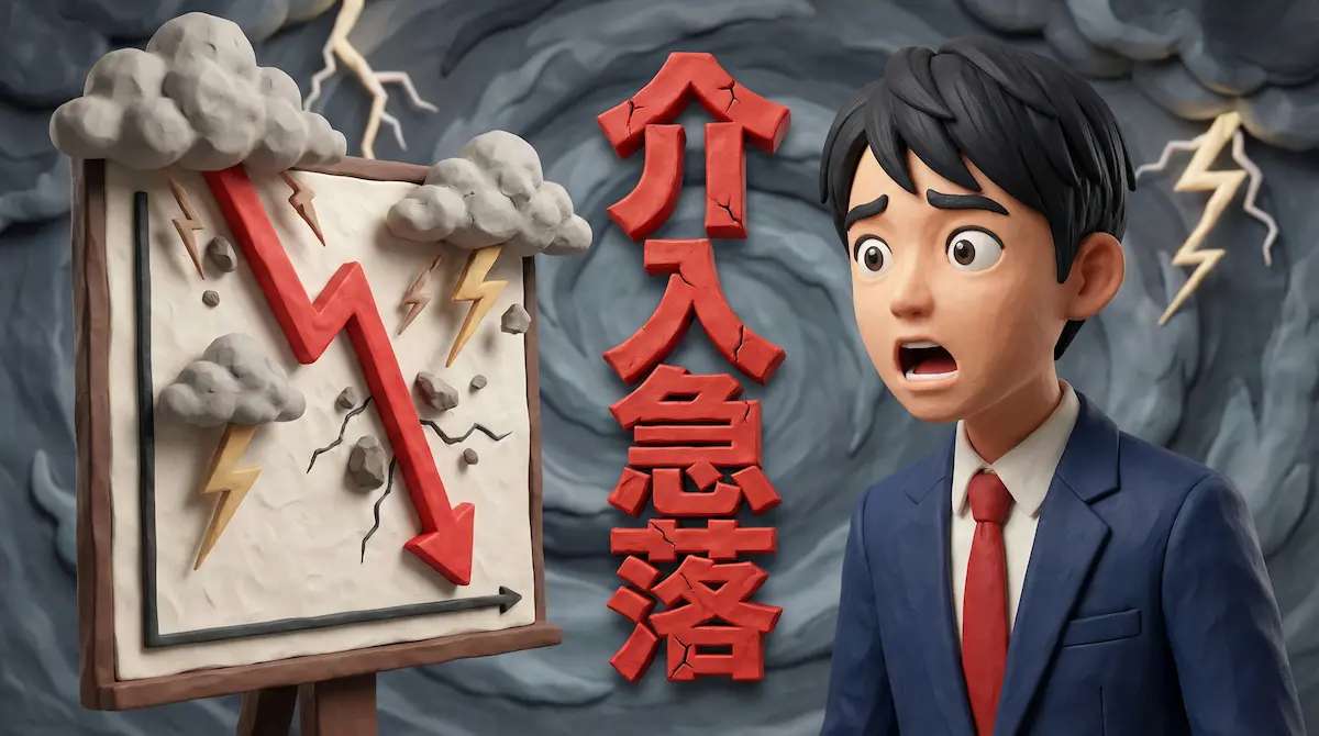 チャートが急落したイメージの矢印画像を見て驚いているFXトレーダーのイラストに「介入急落」の文字