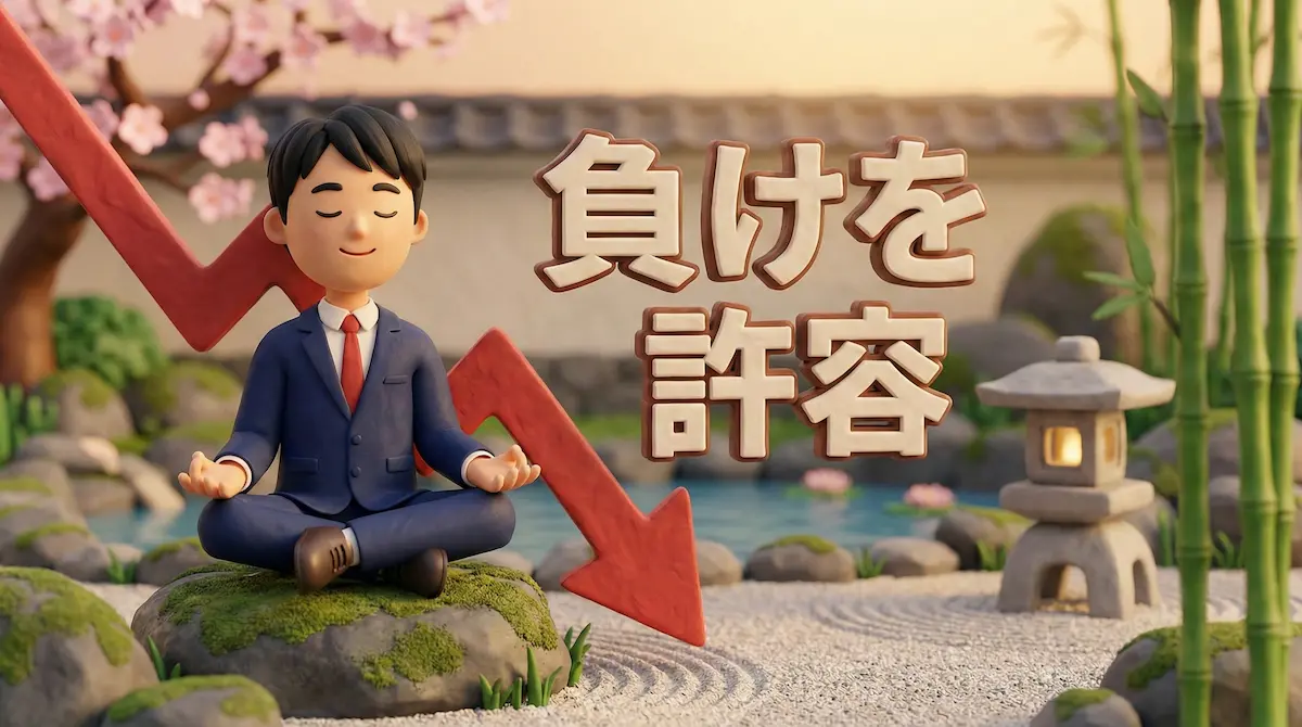 瞑想しているFXトレーダーのイラストに「負けを許容」の文字