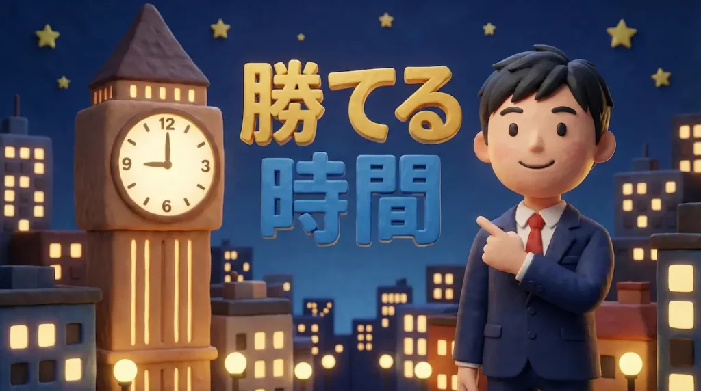 時計を指さすFXトレーダーのイラストに「勝てる時間」の文字