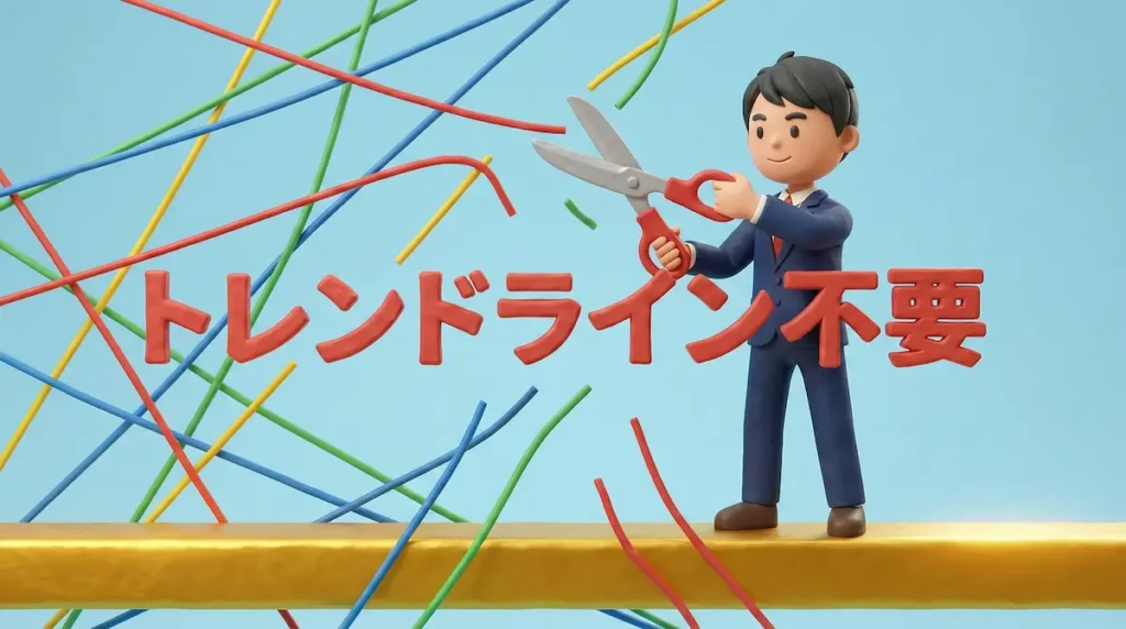 複雑に絡まったトレンドラインをハサミで切り捨て、水平線の上に立つトレーダーのイラスト
