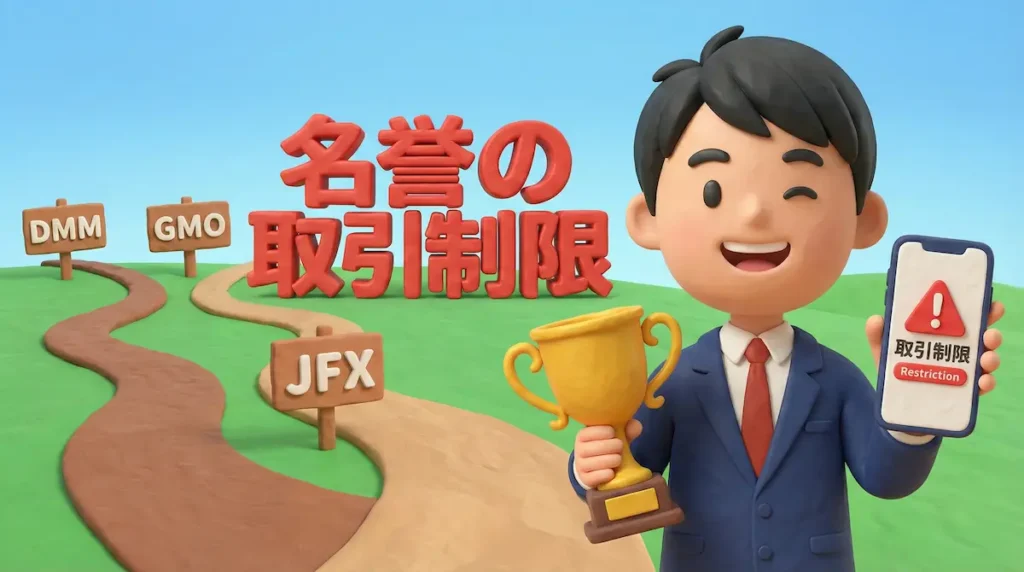 DMM FXの取引制限通知を笑顔で見せながら、トロフィーを持って余裕を見せる勝ち組トレーダーのイラスト