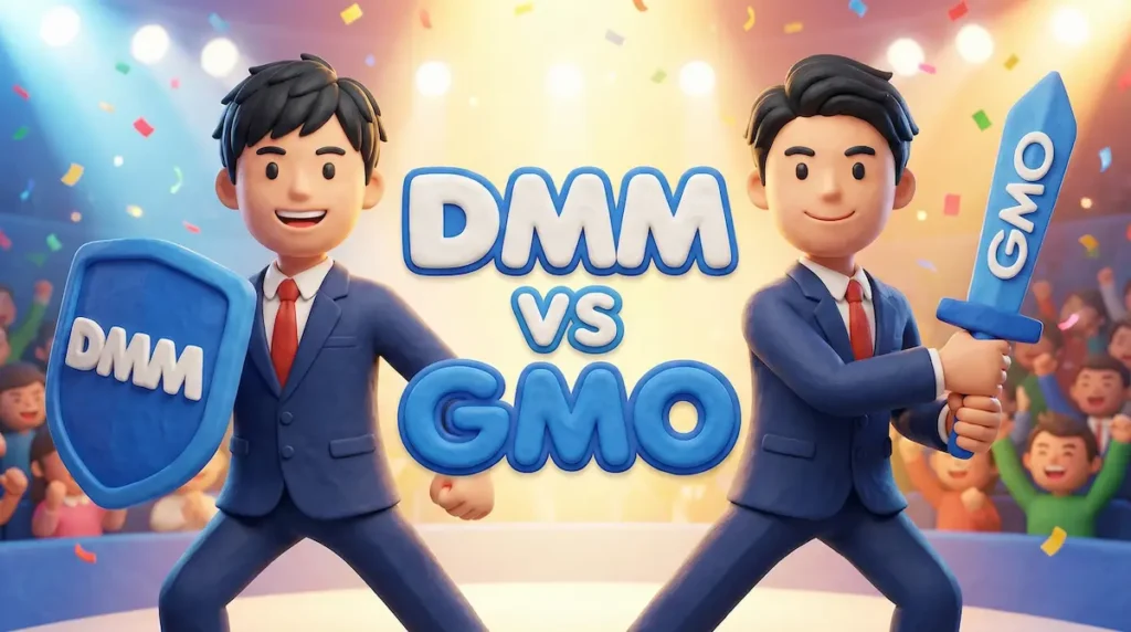 DMM FXとGMOクリック証券のロゴが入った盾と剣を持ち、二刀流で構えるトレーダーの比較イラスト