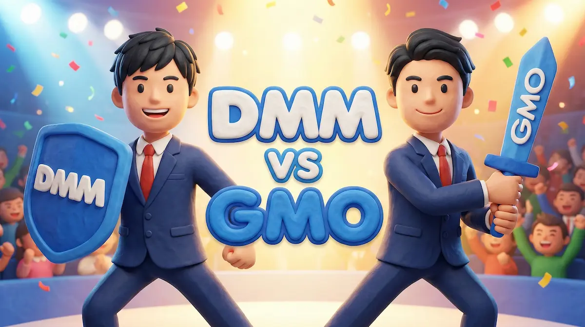 DMM FXとGMOクリック証券のロゴが入った盾と剣を持ち、二刀流で構えるトレーダーの比較イラスト